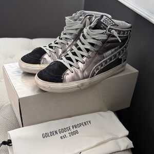 Golden Goose High-Top Silver and Black Sneakers